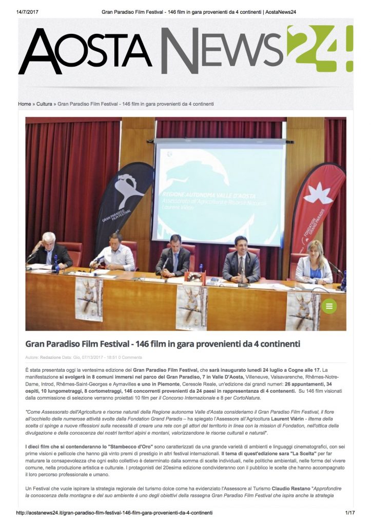 2017-07-13 AostaNews24 Gran Paradiso Film Festival 146 film in gara provenienti da 4 continenti