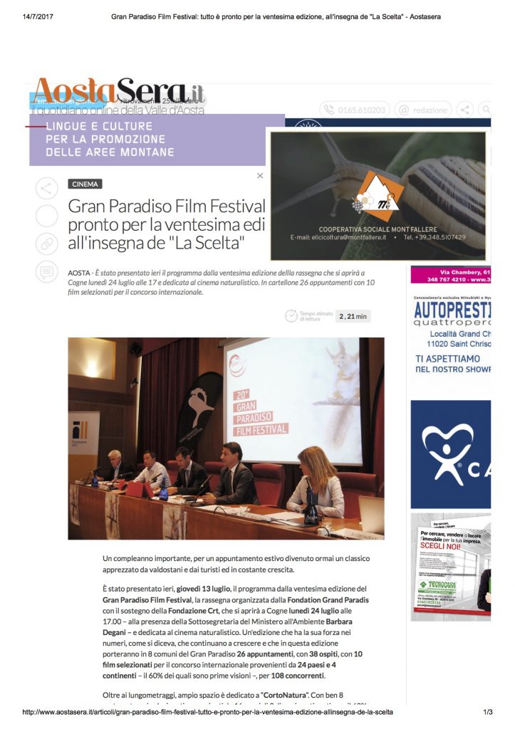 2017-07-14 AostaSera.it Gran Paradiso Film Festival tutto pronto per la ventesima edizione all insegna de La Scelta