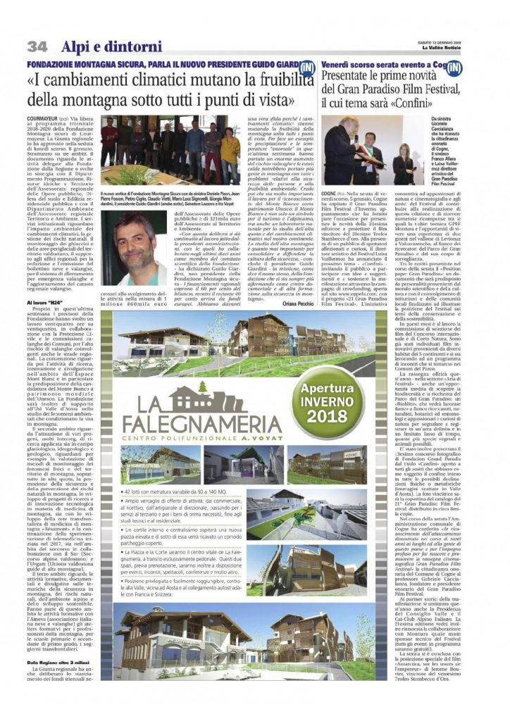 2018-01-13 Presentate le prime novità del Gran Paradiso Film Festival, il cui tema sarà Confini La Vallée Notizie